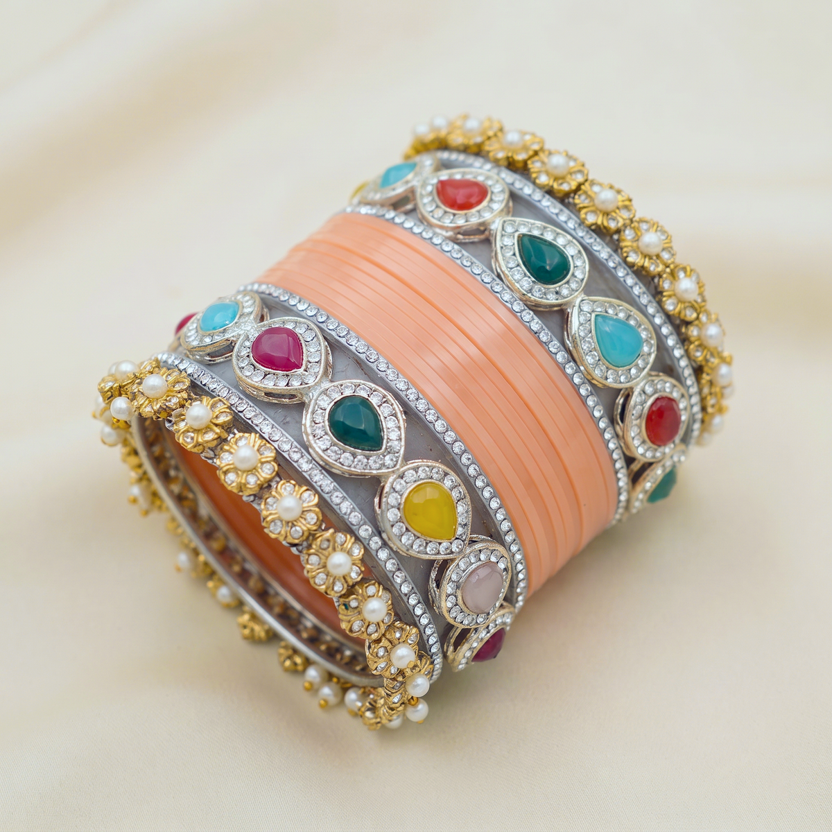 AYSIMA Peach Bridal Bangles & Multicolour Kadas - 36 pieces