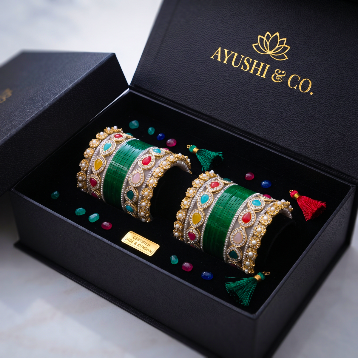 AYSIMA Green Bridal Bangle Set with Multicolour Kadas - 36 pieces