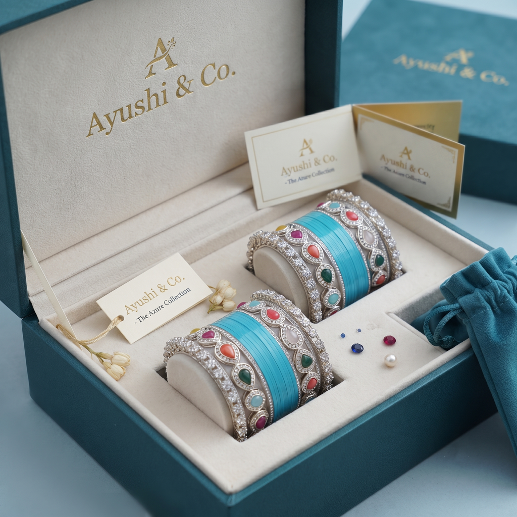 Blue Bridal Bangles & Multicolour Kadas | AYSIMA Yamini - 36 pieces