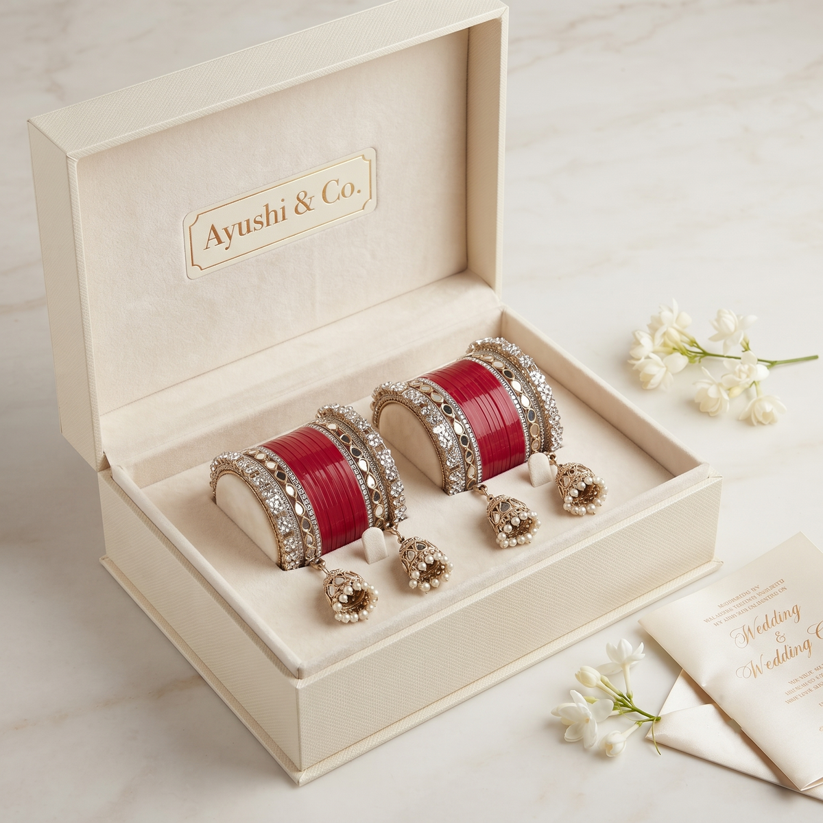 AYSIMA Vedika – Red Bridal Bangle Set with Jhumka Charms - 36 pieces
