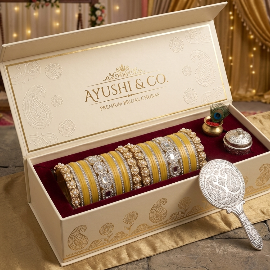 AYSIMA Kanakshree – Golden Yellow Bridal Bangle Set with Statement Kada - 42 pieces