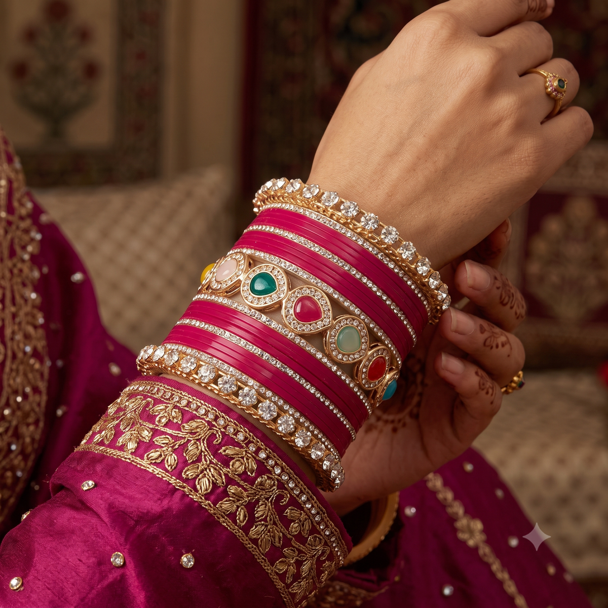 AYSIMA Rageshri Rani Pink Bridal Bangle Set with Multicolour Kada