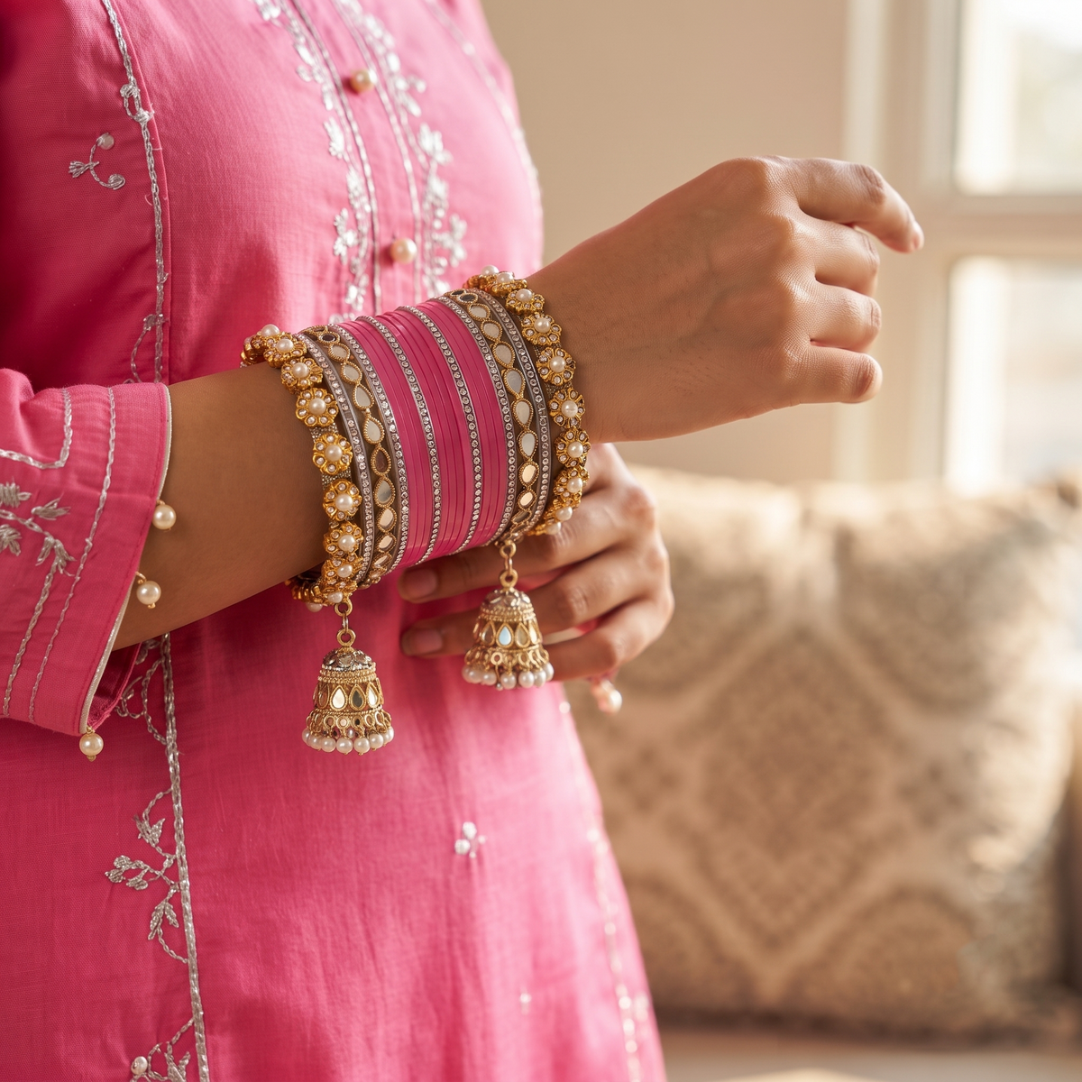AYSIMA Pink Bridal Chura & Kangan Bangle Set – 40 Pieces