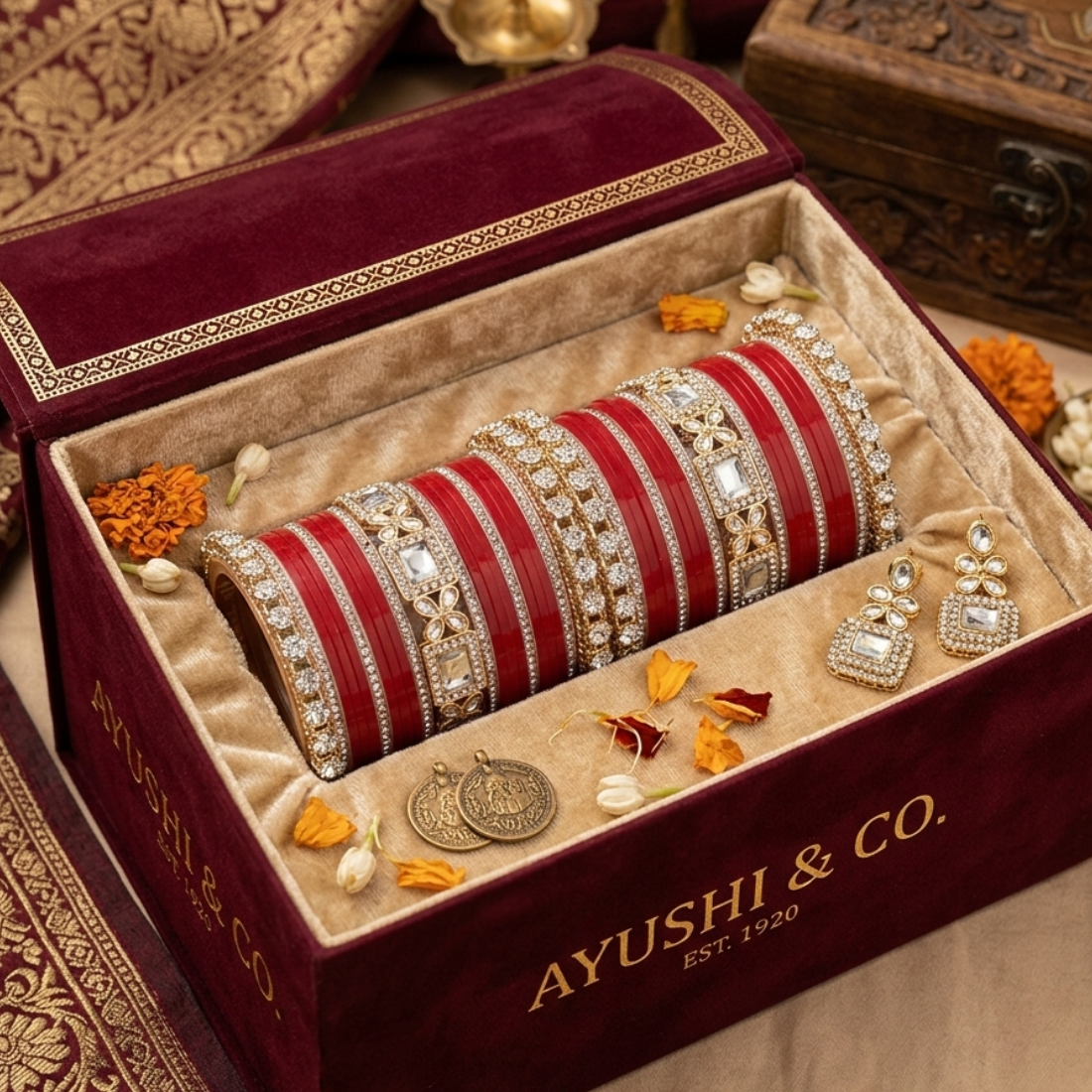 AYSIMA Sindhuri Red Bridal Bangle Set for Women | Traditional Wedding Bangles with Floral Kadas
