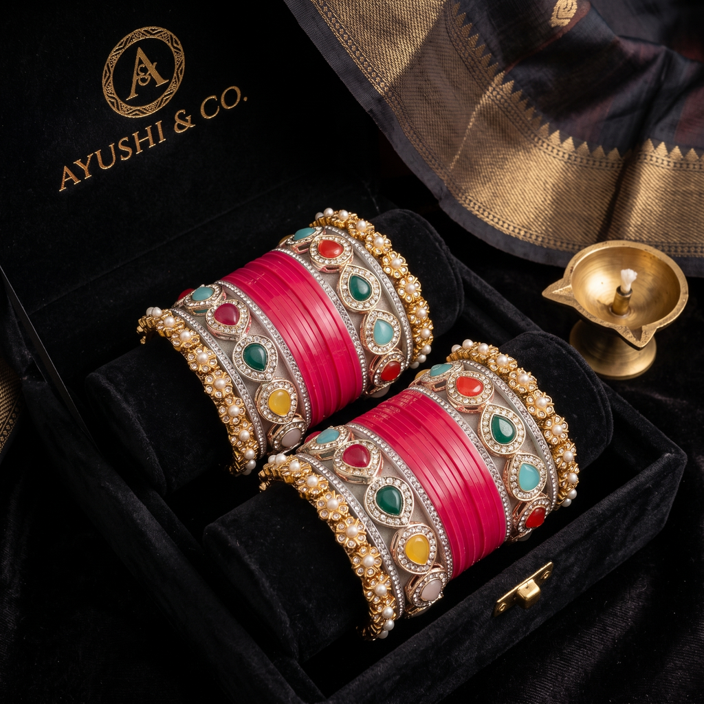 AYSIMA Rani Pink Bridal Chura & Kada Set – Rangoli - 36 pieces