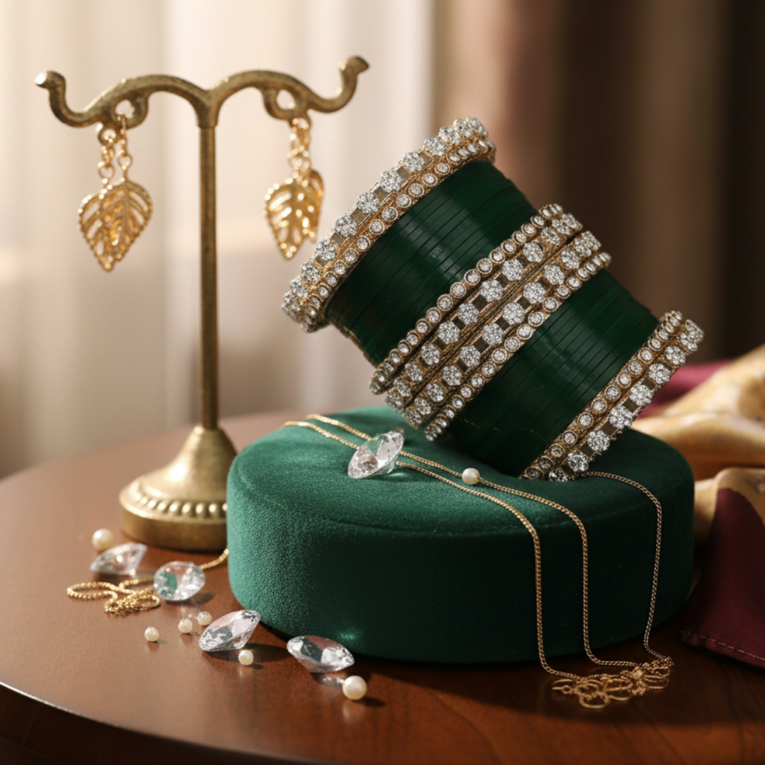 AYSIMA Emerald Mahal – Green 56-Piece Bridal Bangle Set with Statement Kada