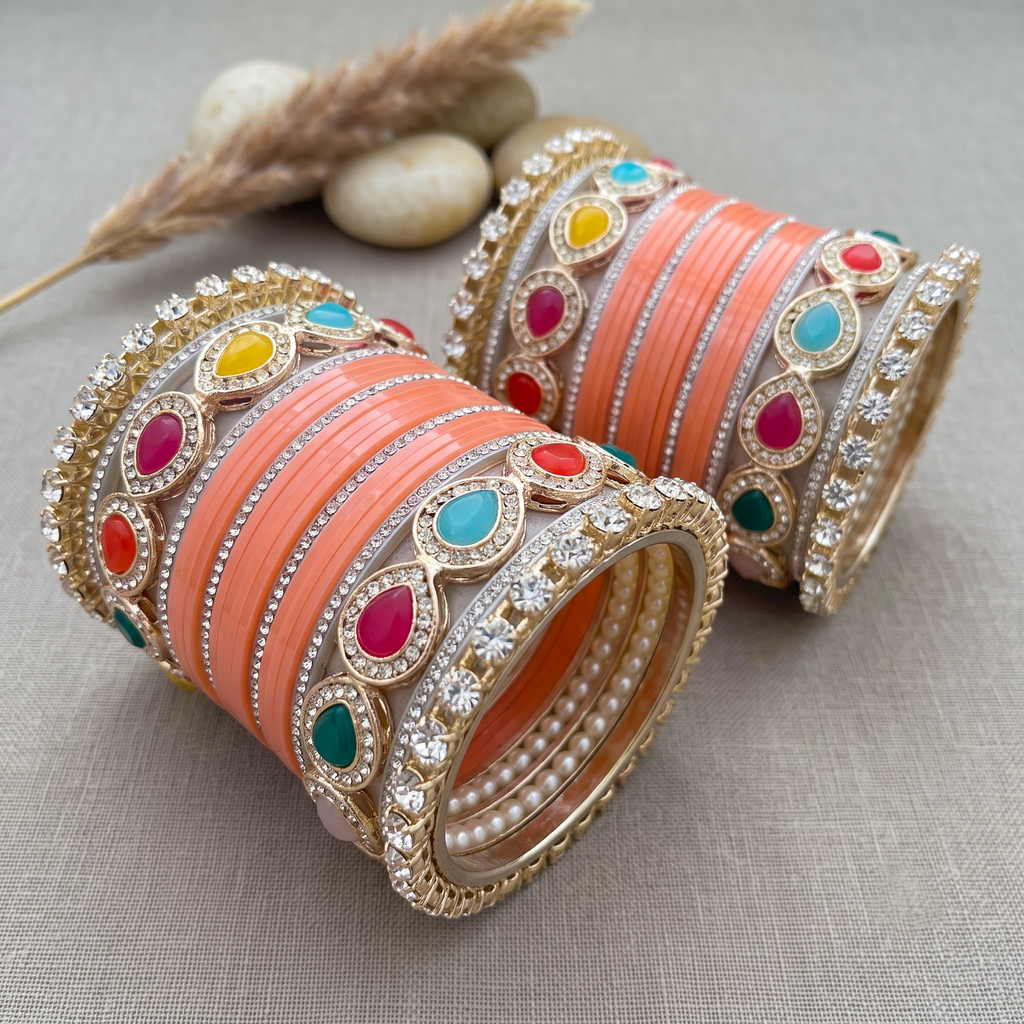 Peach Bridal Bangles & Pachari Kadas | AYSIMA Ira - 40 pieces