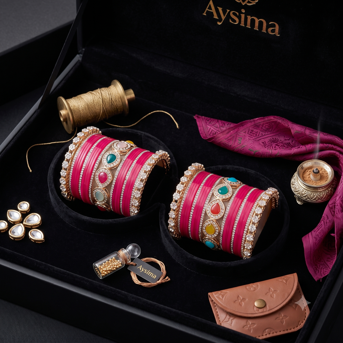 AYSIMA Rageshri Rani Pink Bridal Bangle Set with Multicolour Kada