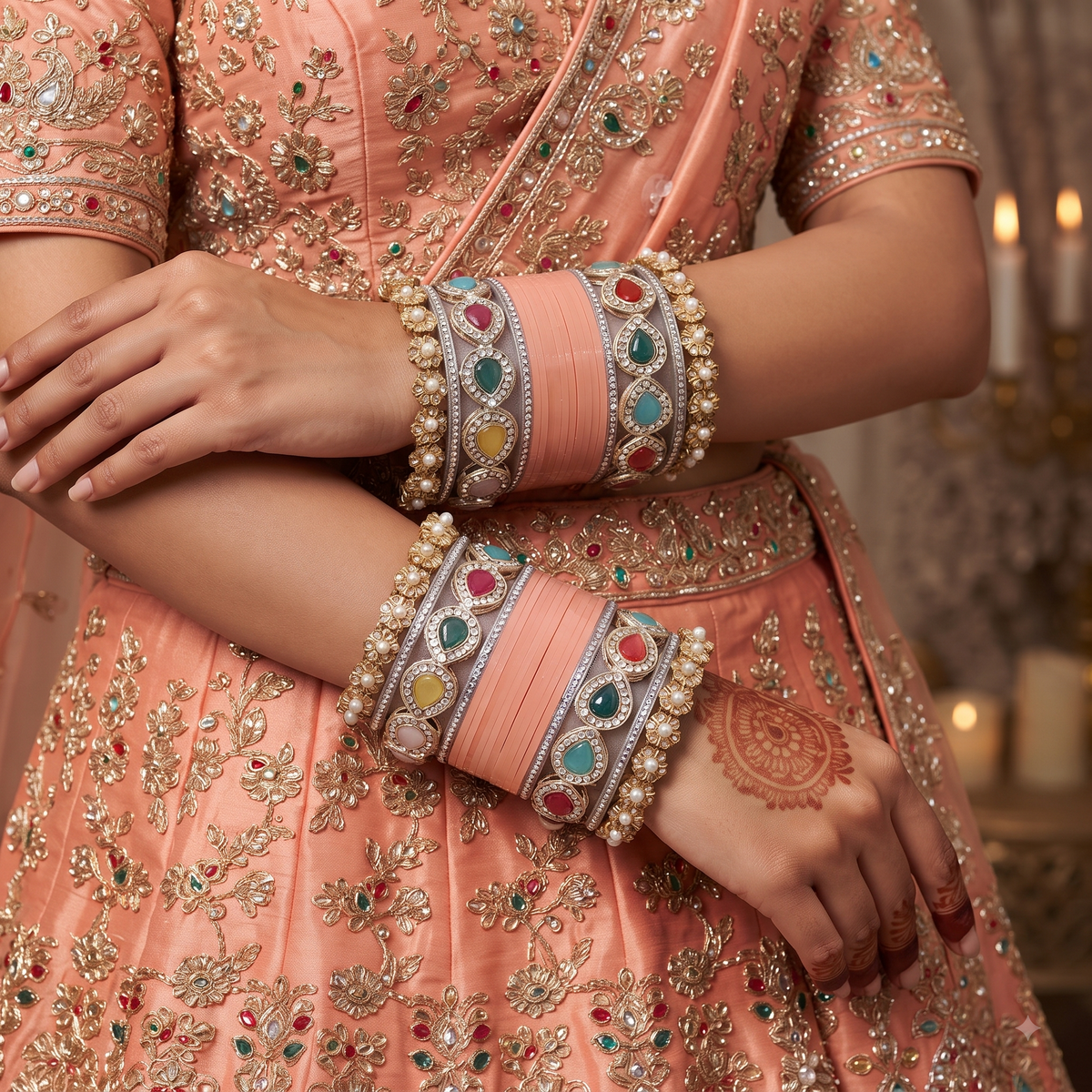 AYSIMA Peach Bridal Bangles & Multicolour Kadas - 36 pieces