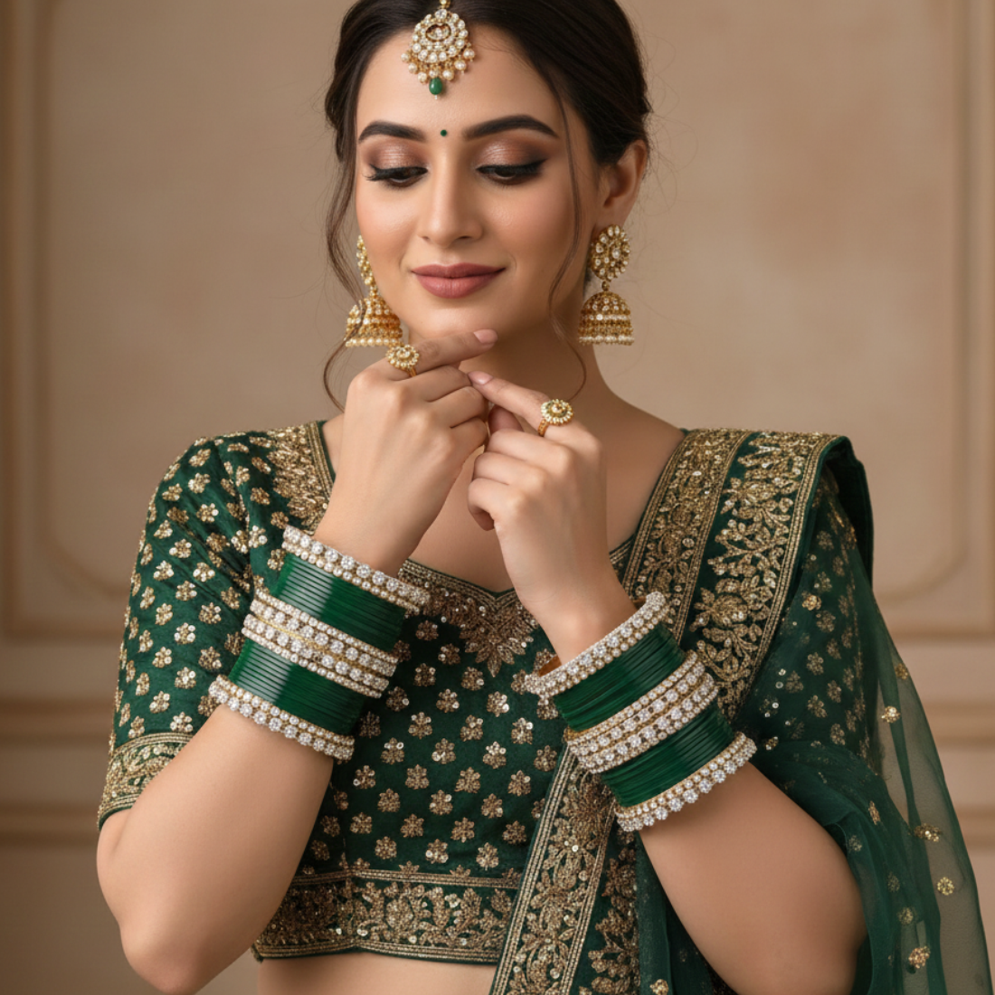 AYSIMA Emerald Mahal – Green 56-Piece Bridal Bangle Set with Statement Kada