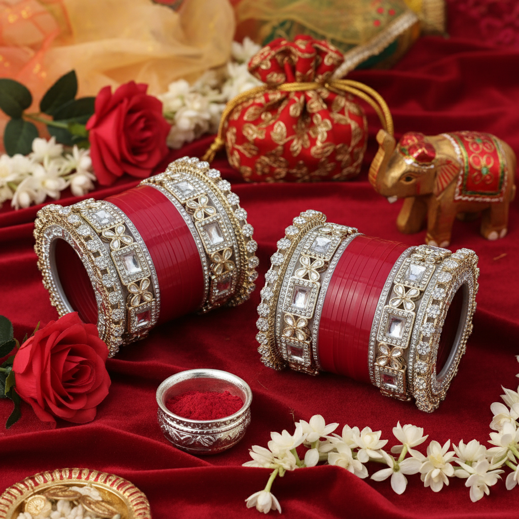 AYSIMA Shagun – Red Bridal Chura & Floral Kada Set - 36 pieces