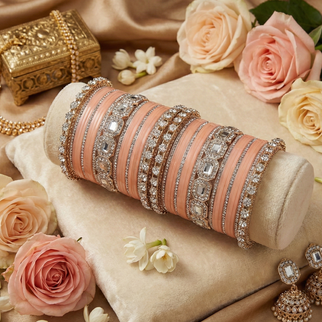 AYSIMA Blush Elegance – Peach 42-Piece Bridal Bangle Set with Statement Kada