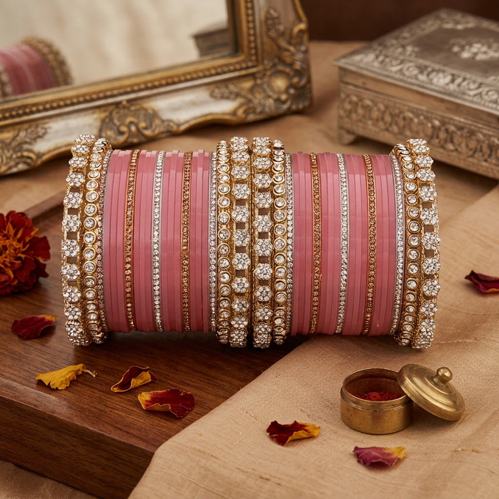 AYSIMA Mridula – Rose Pink Bridal Bangle Set with Floral Kadas | 42 Pieces