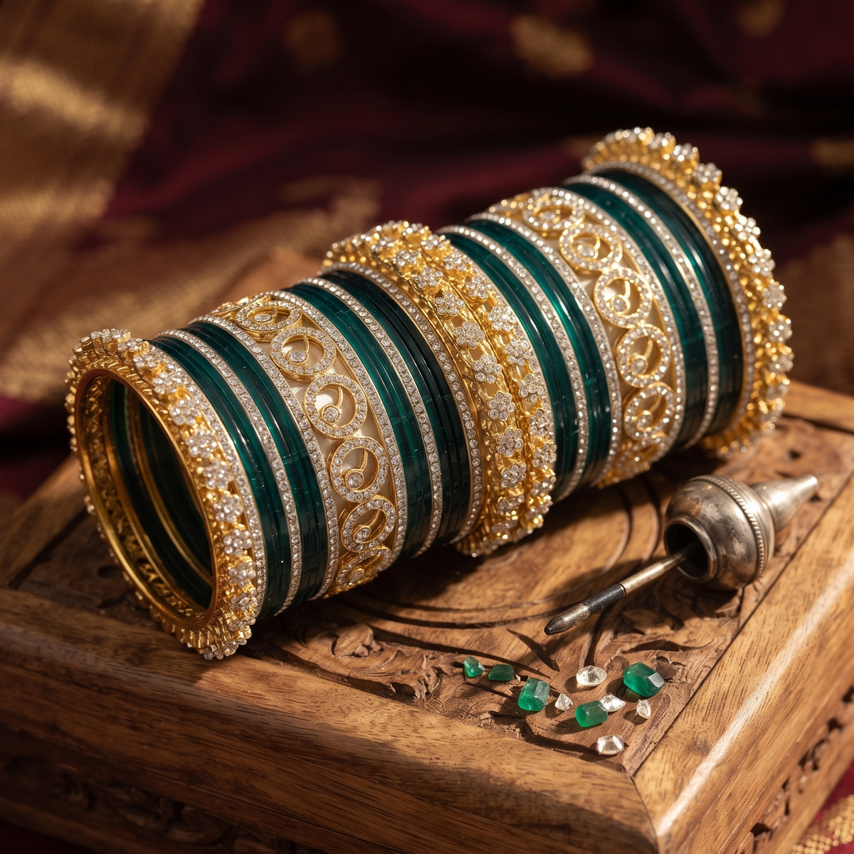 AYSIMA Vasudha – Bottle Green Bridal Bangle Set with Gold-Tone Floral Kadas - 42 pieces
