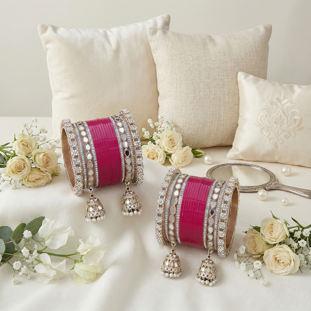 AYSIMA Chandni – Rani Pink Bridal Bangle Set with Jhumka Charms - 36 pieces