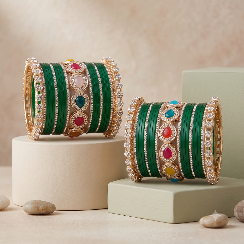 AYSIMA Harini Green Bridal Bangle Set with Multicolour Kadas