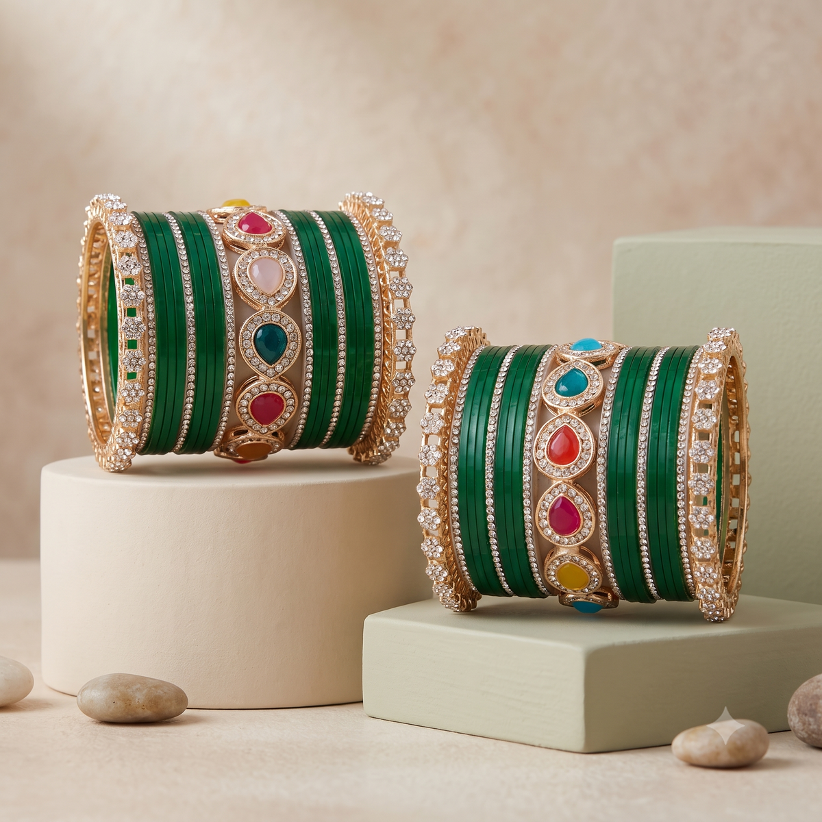 AYSIMA Harini Green Bridal Bangle Set with Multicolour Kadas