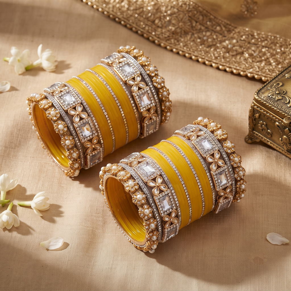 AYSIMA Sunaina – Yellow Haldi Bangle Set with Floral Kadas & Pearl-Look Accents - 40 pieces