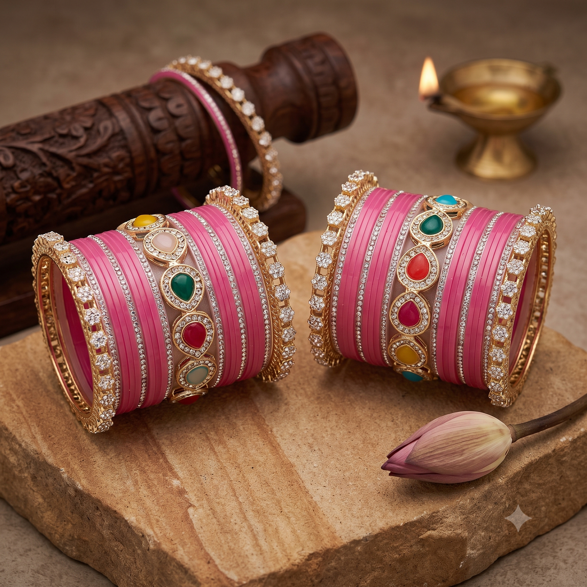 AYSIMA Pankhuri Pink Bridal Bangle Set with Multicolour Kada
