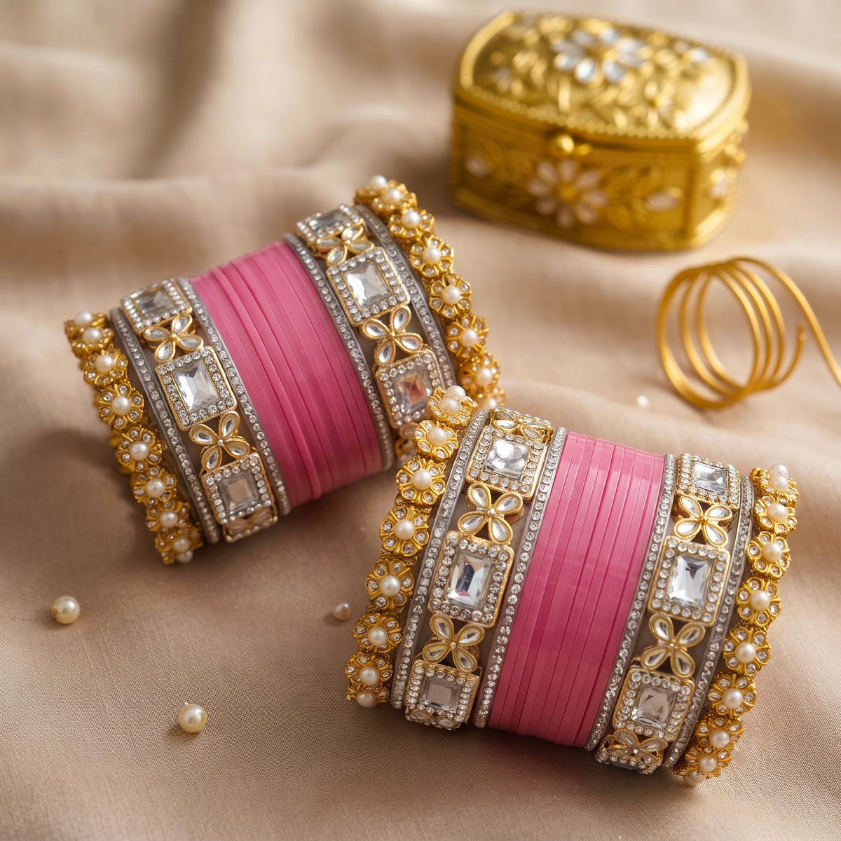 AYSIMA Pink Bridal Bangle Set with Kundan-Style Kadas – 36 Pieces