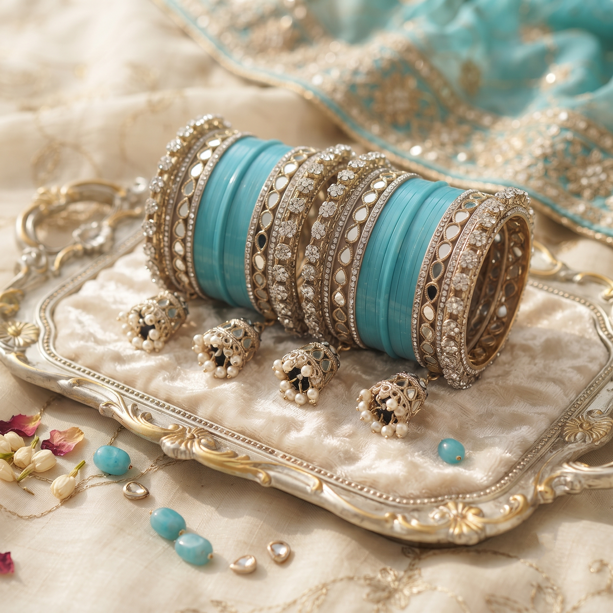 AYSIMA Sagarika – Aqua Blue Bridal Bangle Set with Jhumka Charms - 36 pieces