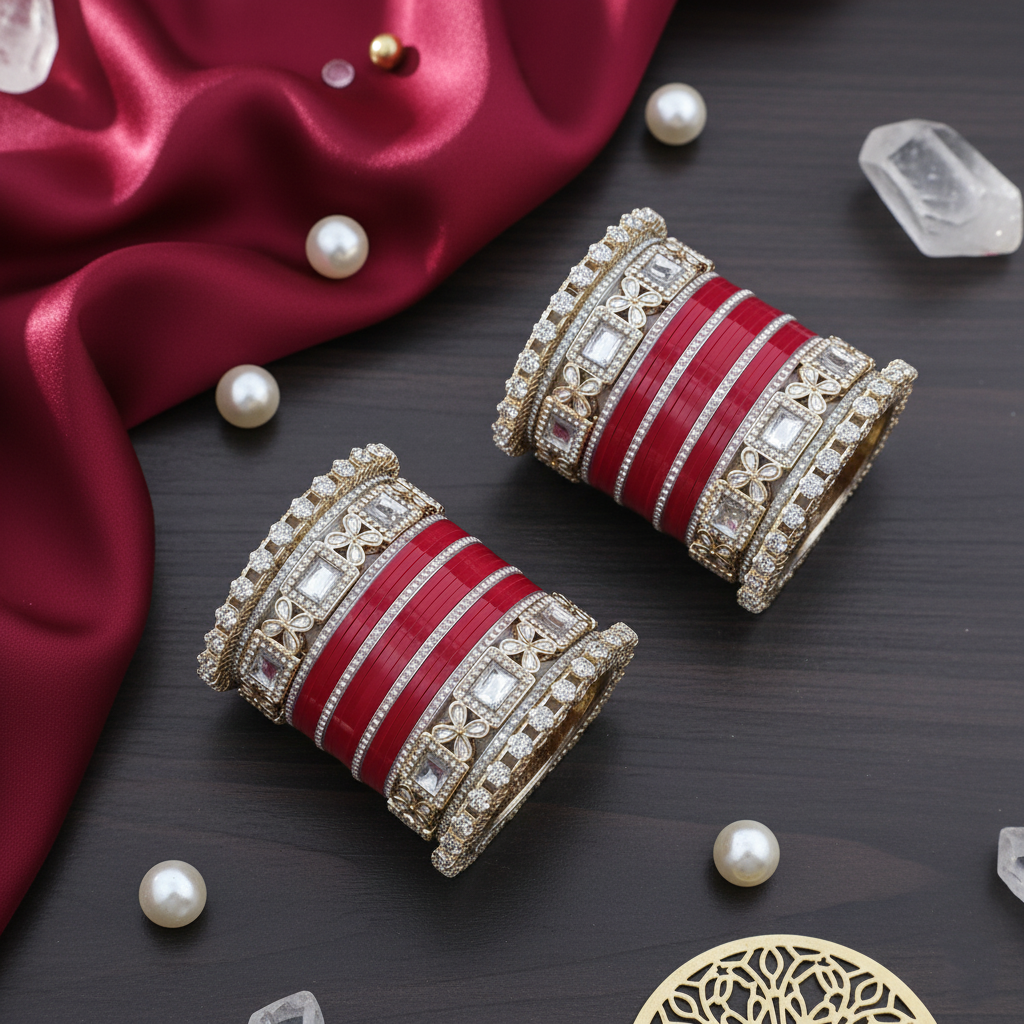 AYSIMA Aruna – Red Bridal Chura Bangle Set with Floral Kadas - 40 pieces