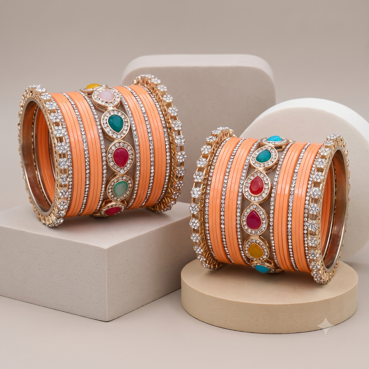 AYSIMA Aarohi Peach Bridal Bangle Set with Multicolour Kada