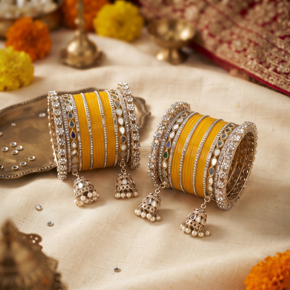 AYSIMA Avni – Yellow Haldi Bangles with Mirror-Look Kadas & Jhumka Charms - 40 pieces