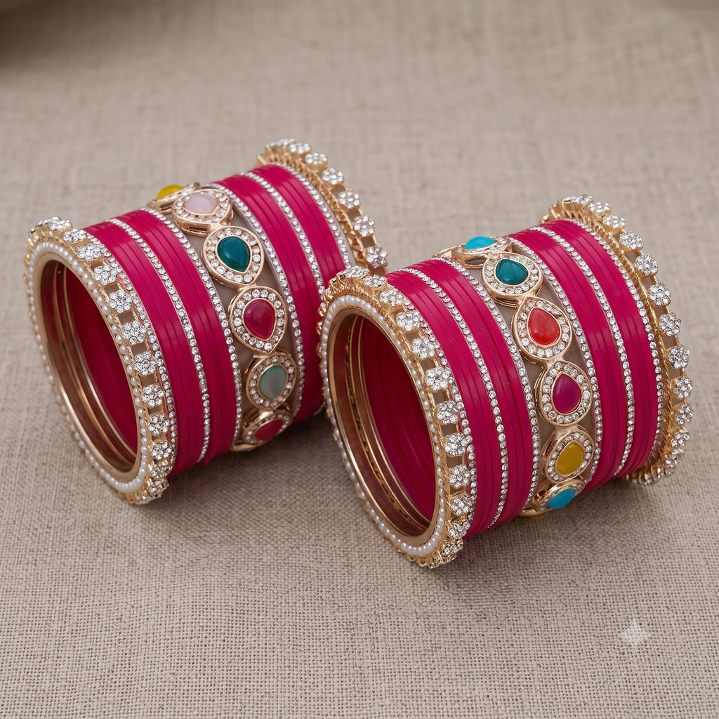 AYSIMA Rageshri Rani Pink Bridal Bangle Set with Multicolour Kada