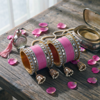 AYSIMA Roshni – Pink Bridal Bangle Set with Mirror-Look Kadas & Jhumka Charms - 36 pieces