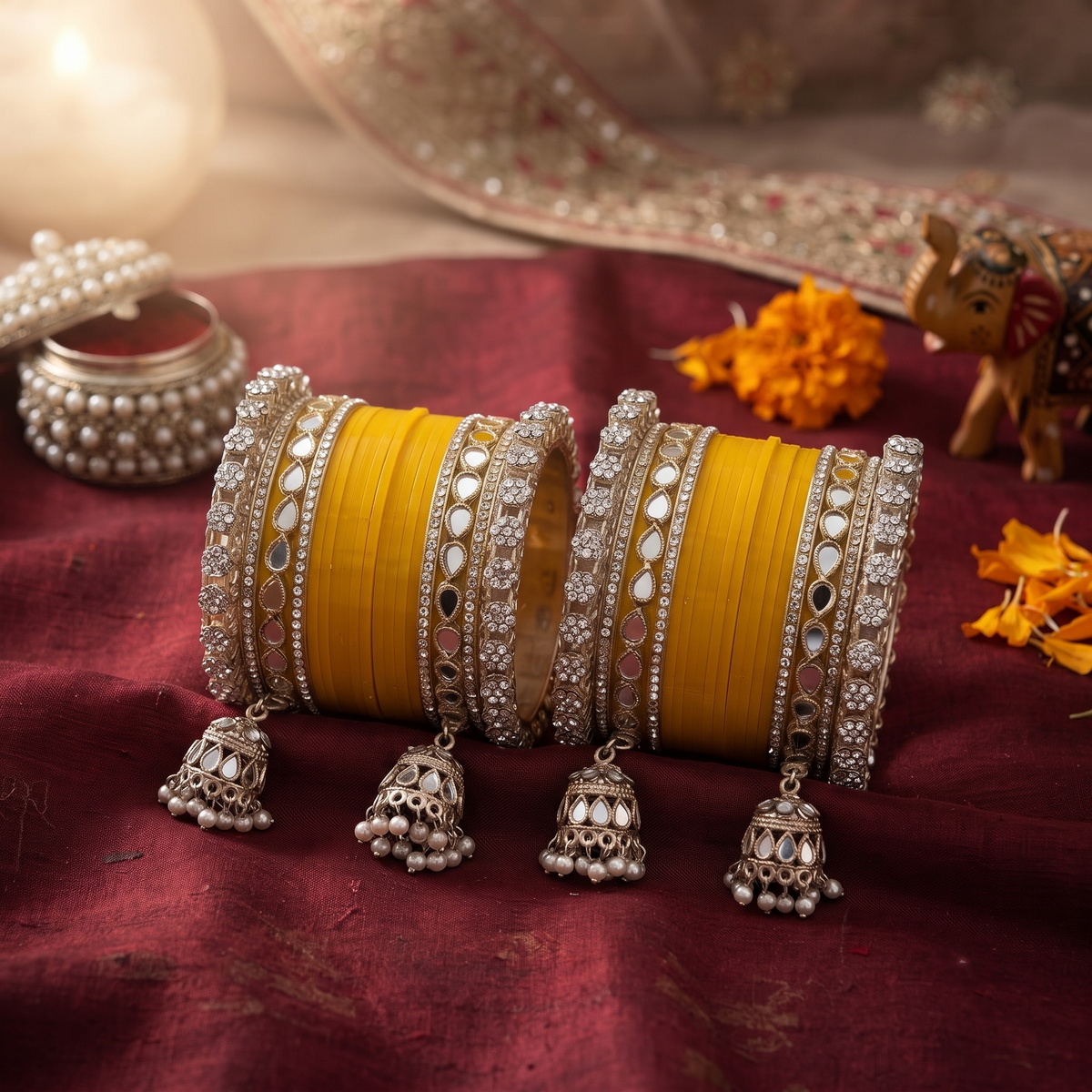AYSIMA Kanika – Yellow Haldi Bangle Set with Jhumka Charms - 36 pieces
