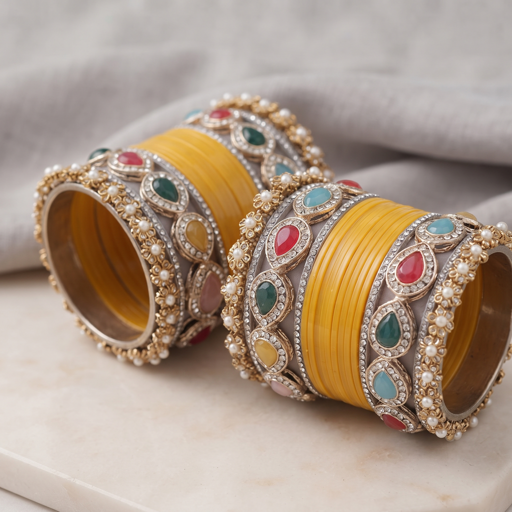 AYSIMA Yellow Haldi Bangle Set with Multicolour Kadas - 36 pieces