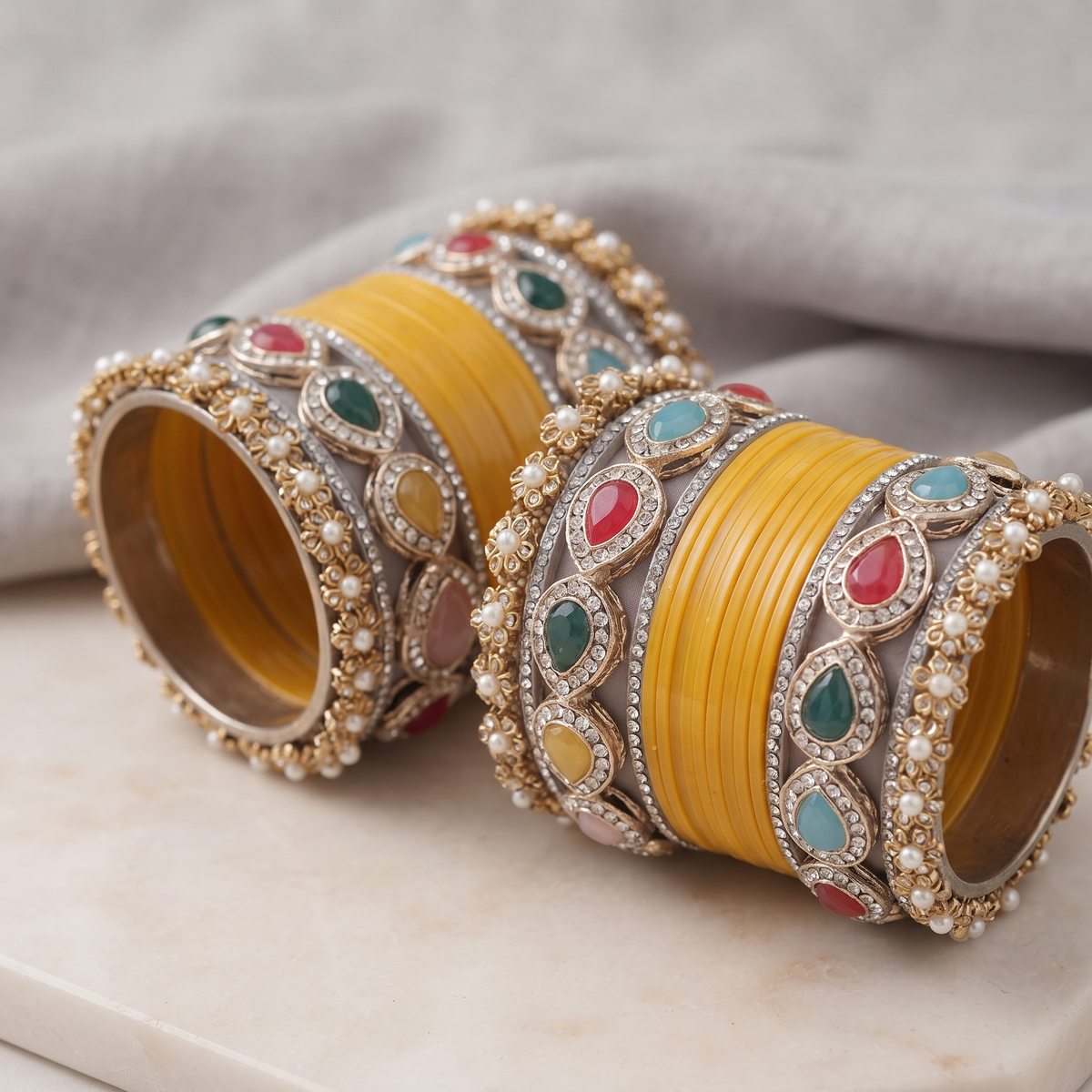AYSIMA Yellow Haldi Bangle Set with Multicolour Kadas - 36 pieces