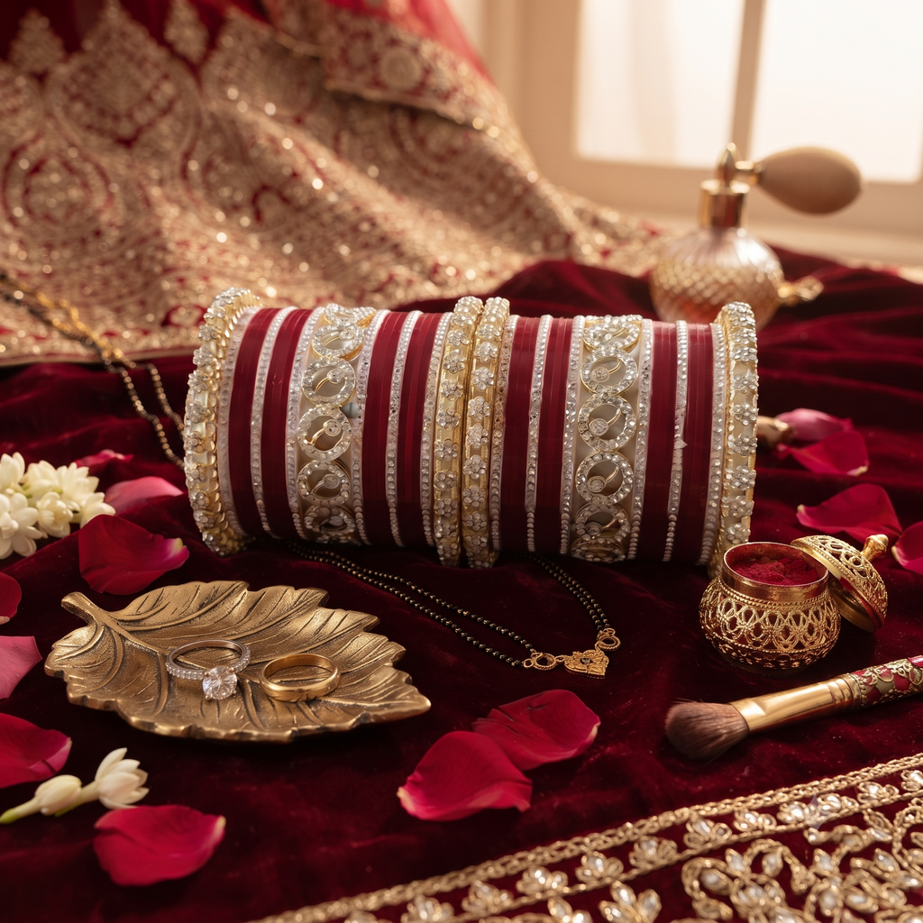 AYSIMA Samaira – Maroon Bridal Bangle Set with Gold-Tone Floral Kadas - 42 pieces
