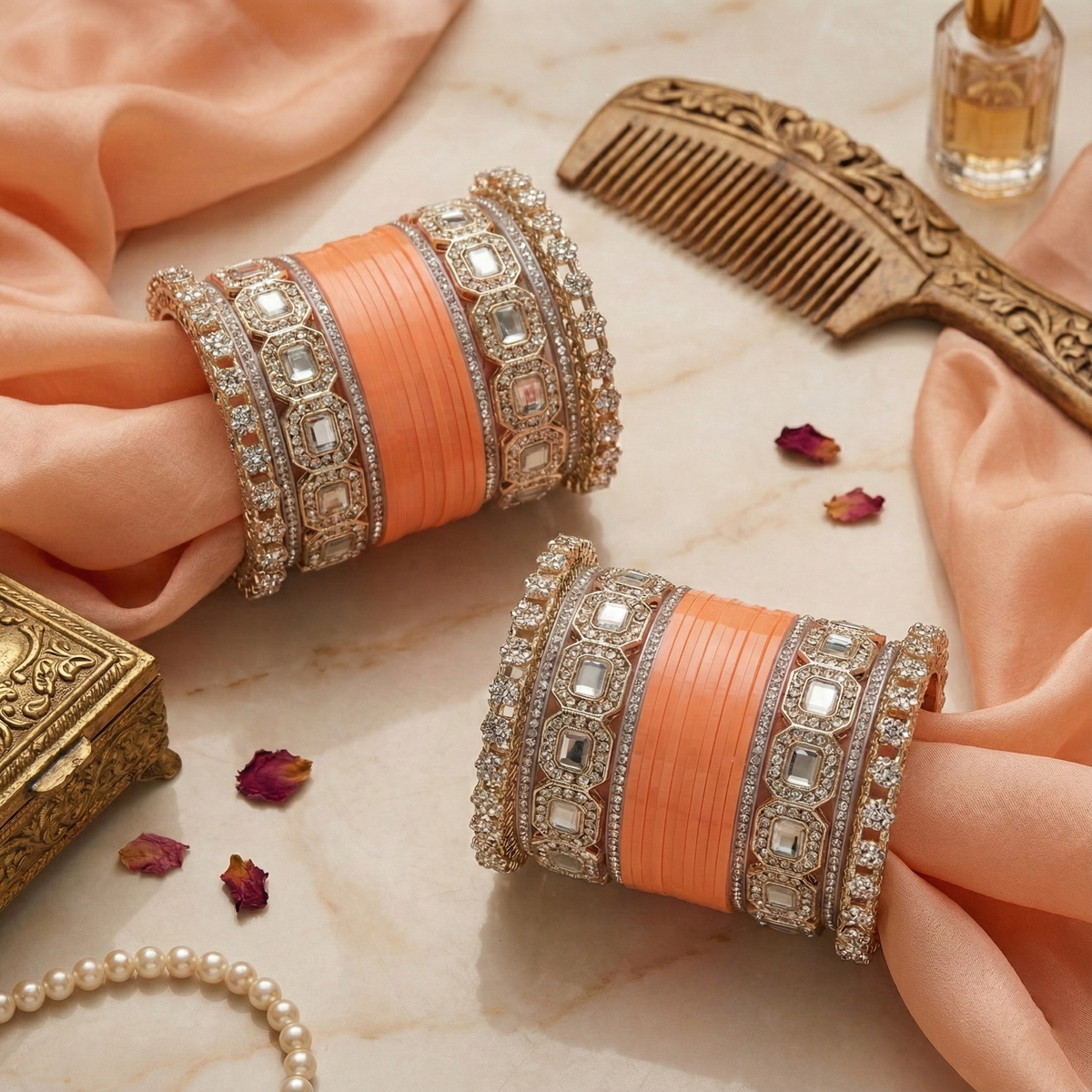 AYSIMA Peach Bridal Bangles & Pachari Kadas – Anvika - 36 pieces