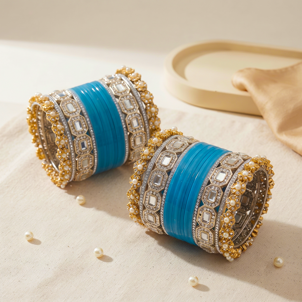 AYSIMA Neelakshi – Turquoise Blue Bridal Bangle Set with Decorative Kadas | 36 Pieces