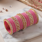 AYSIMA Gauri – Pink Bridal Bangle Set with Gold-Tone Floral Kadas - 42 pieces