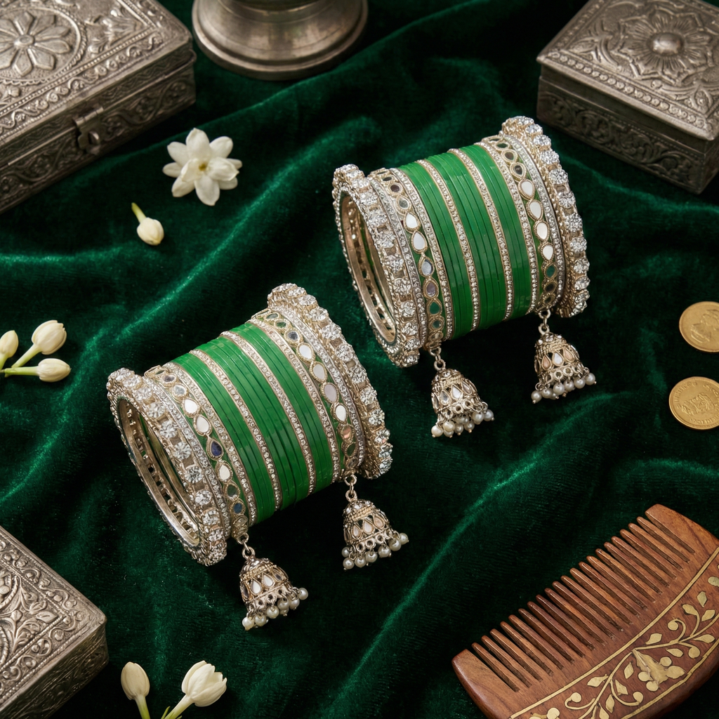 AYSIMA Aranya – Green Mehendi Bangle Set with Jhumka Charms - 40 pieces