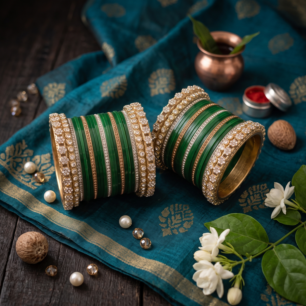 AYSIMA Emerald Green Heritage – 42-Piece Bangle Set with Designer Kadas