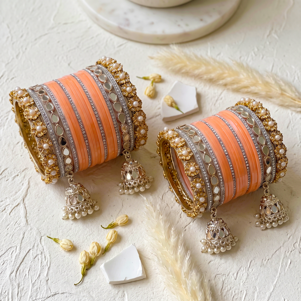 AYSIMA Peach Bridal Chura & Kangan Bangle Set – 40 Pieces