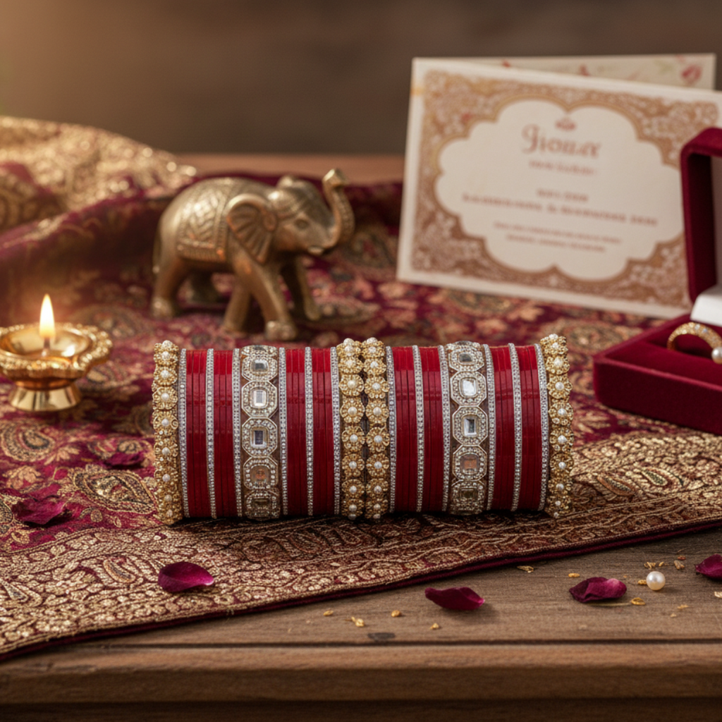 AYSIMA Crimson Royale – Red Bridal 42-Piece Bangle Set with Designer Kada