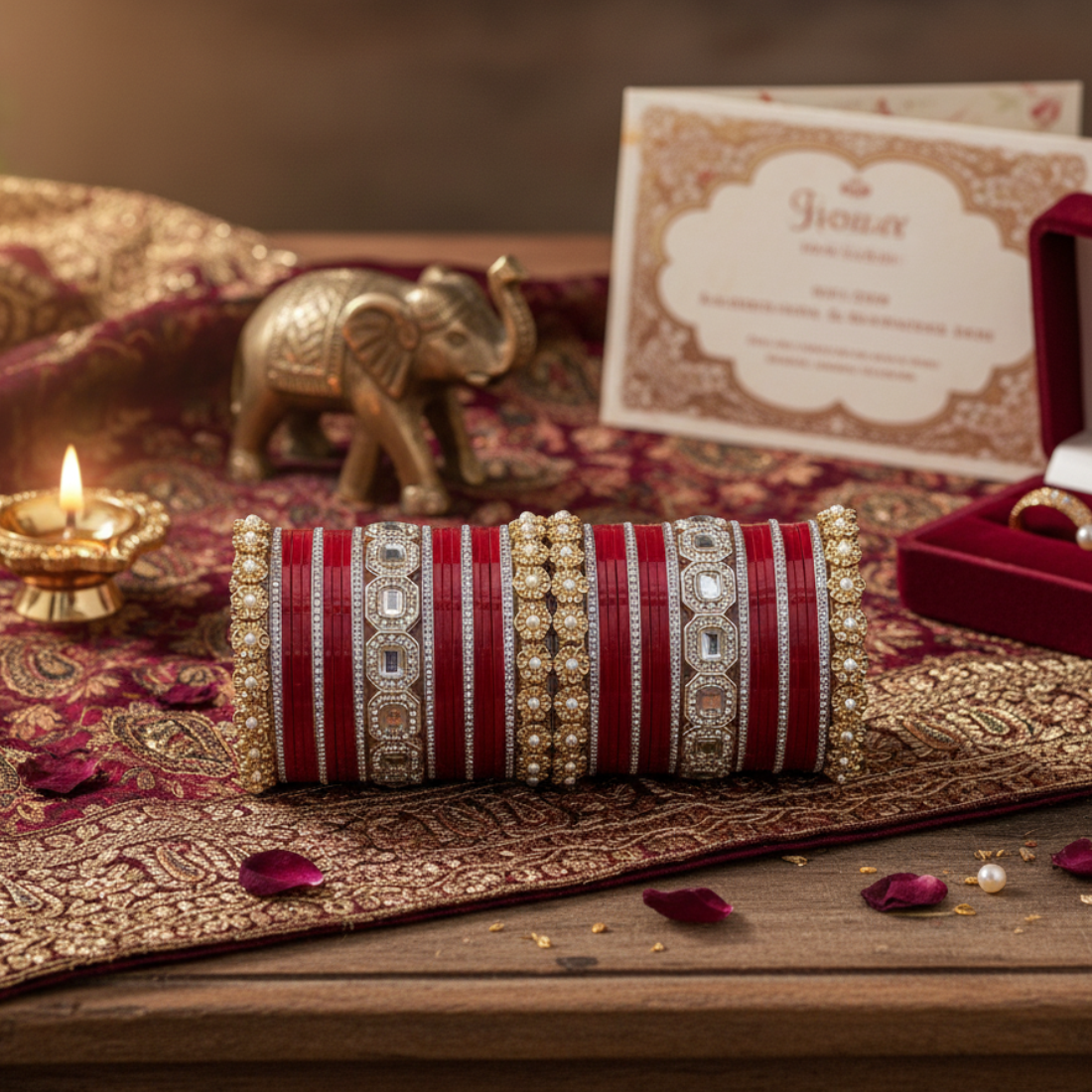 AYSIMA Crimson Royale – Red Bridal 42-Piece Bangle Set with Designer Kada