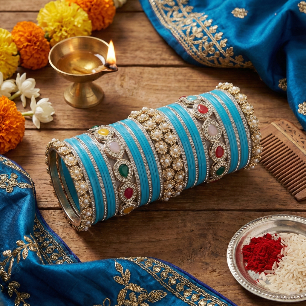 AYSIMA Neelambari – Turquoise Blue Bridal Bangle Set with Statement Kada - 42 pieces