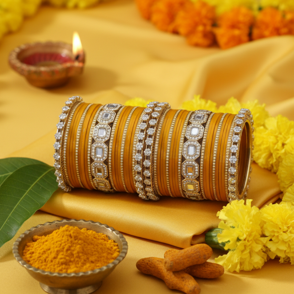 AYSIMA Haldi Royale – Mustard Gold 42-Piece Bridal Bangle Set with Statement Kada