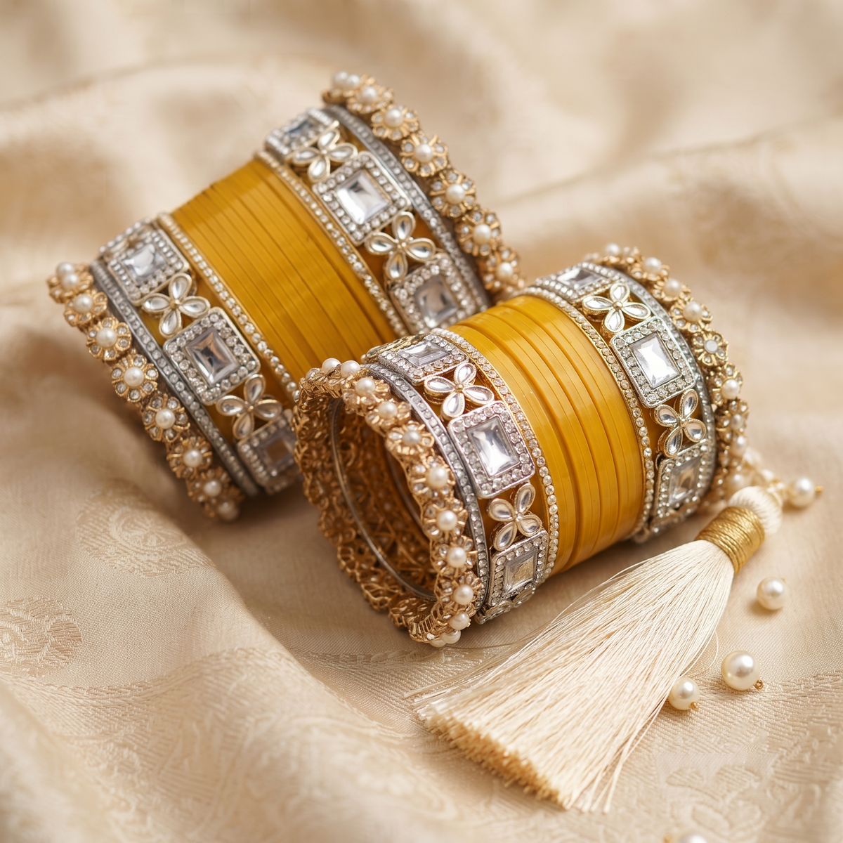 AYSIMA Mustard Yellow Bridal Chura & Kangan Bangle Set - 36 pieces
