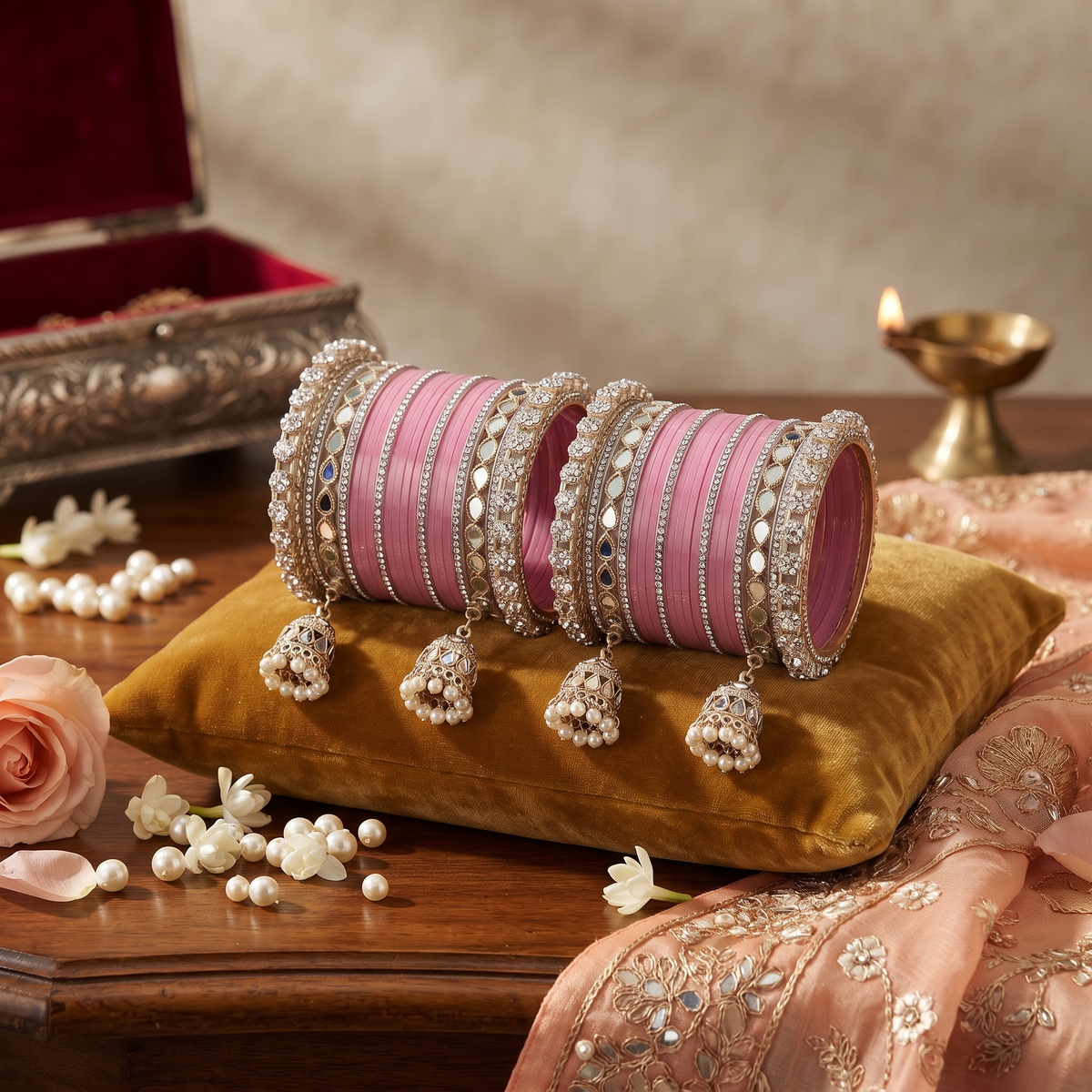 AYSIMA Mrinalini – Rose Pink Bridal Bangles with Jhumka Charms & Mirror-Look Kadas - 40 pieces