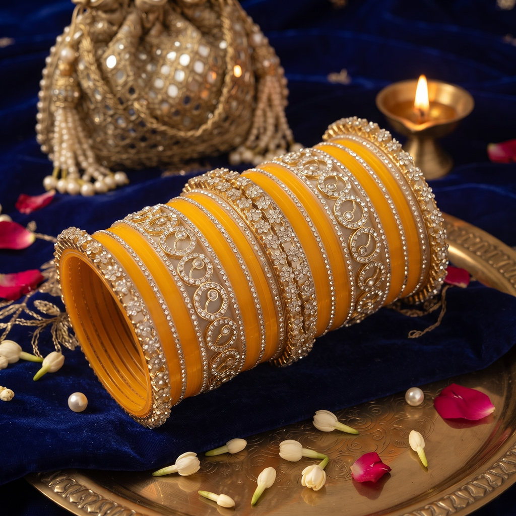AYSIMA Surabhi – Yellow Haldi Bangle Set with Gold-Tone Floral Kadas - 42 pieces