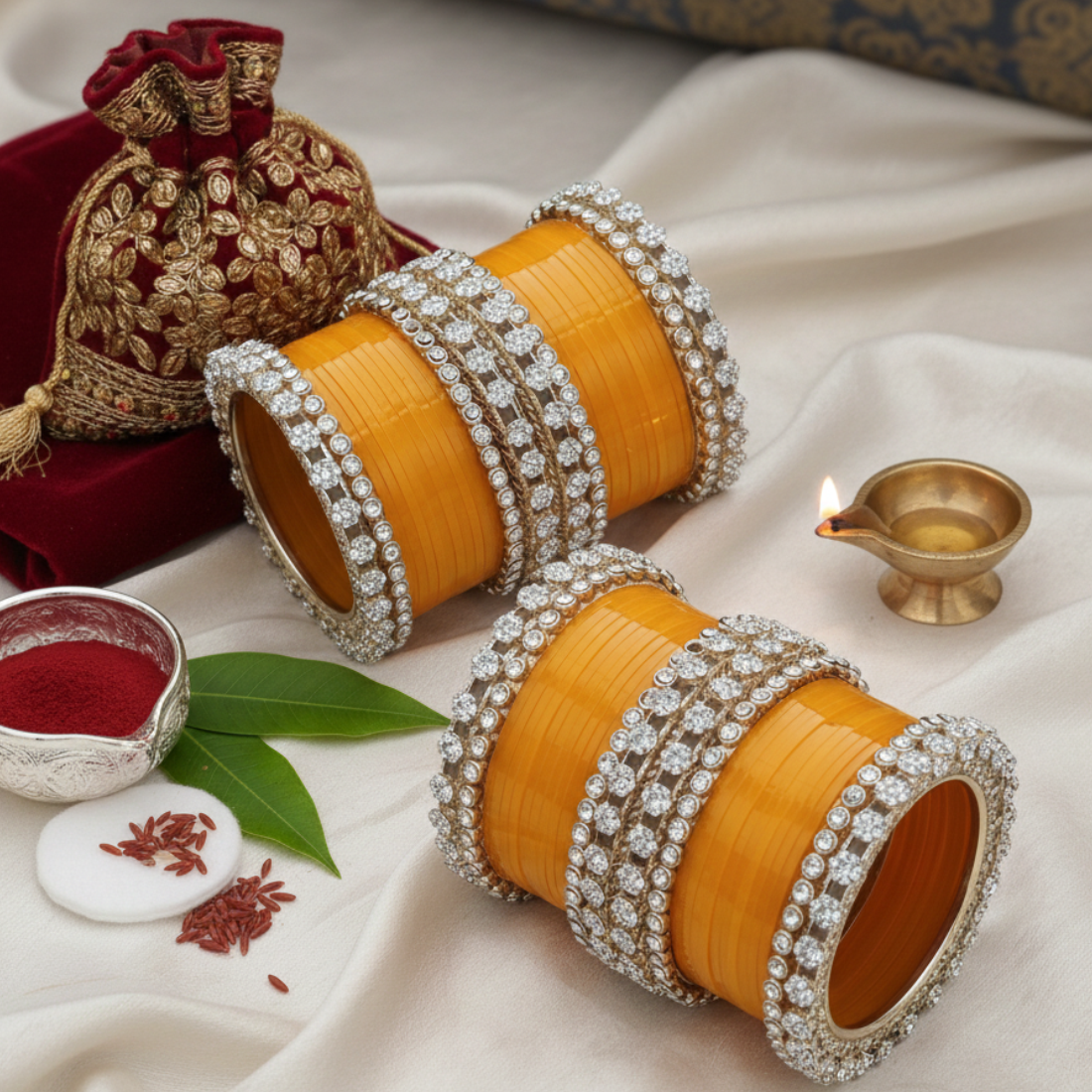 AYSIMA Marigold Royale – Mustard Yellow 56-Piece Bridal Bangle Set with Statement Kada