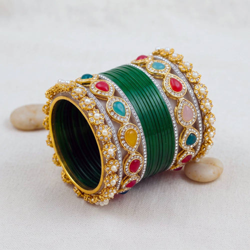 HANDARTS Metal, Plastic Pearl, Rhinestone Bangle Set