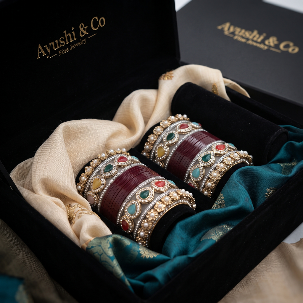 AYSIMA Maroon Bridal Bangles & Kundan-Style Kadas - 36 pieces